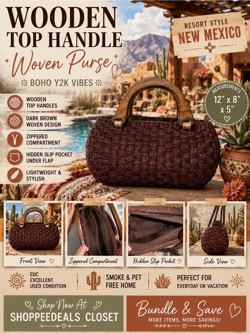 Wooden Top Handle Dark Brown Woven Purse